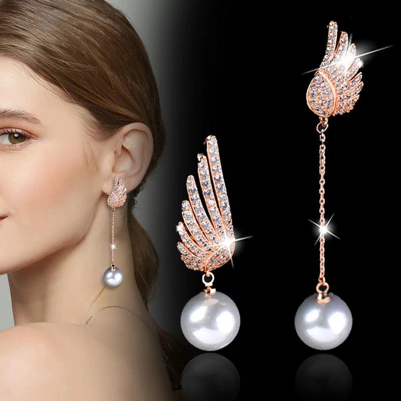 Crystal Angel Wing Pearl Long Earring Charm Jewelry - Touchy Style .