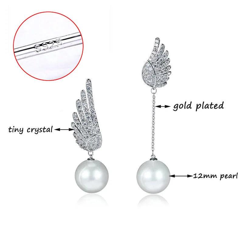 Crystal Angel Wing Pearl Long Earring Charm Jewelry - Touchy Style .
