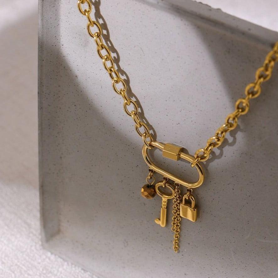 Crystal Lock Key Pendant Necklaces Charm Jewelry YOS0318 Stainless Steel Chain - Touchy Style .