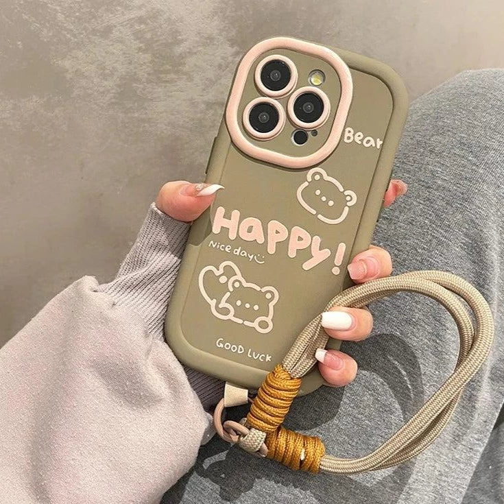 Cute Bear Phone Case with Hand Strap Rope for iPhone 11, 12, 13, 14, 15 Pro Max - Touchy Style .
