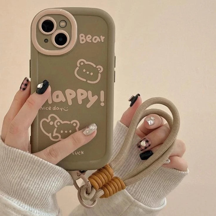 Cute Bear Phone Case with Hand Strap Rope for iPhone 11, 12, 13, 14, 15 Pro Max - Touchy Style .