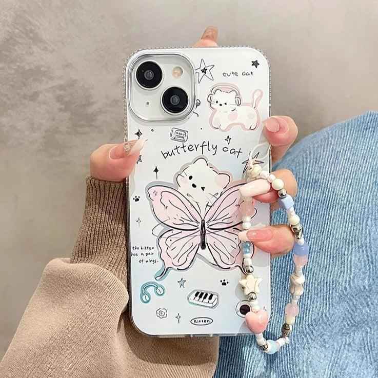 Cute Cartoon Butterfly Cat Phone Case with Chain for iPhone 11, 12, 13, 14, 15 Pro Max, and 15 Plus - Touchy Style