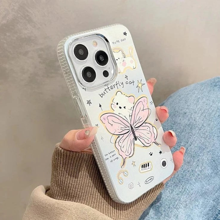 Cute Cartoon Butterfly Cat Phone Case with Chain for iPhone 11, 12, 13, 14, 15 Pro Max, and 15 Plus - Touchy Style .