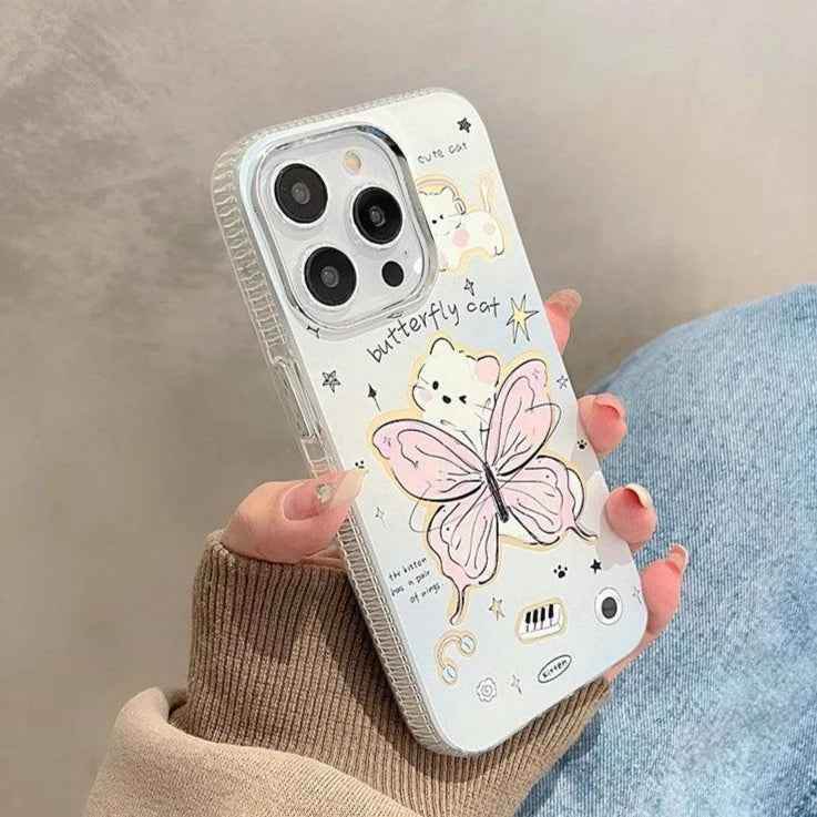 Cute Cartoon Butterfly Cat Phone Case with Chain for iPhone 11, 12, 13, 14, 15 Pro Max, and 15 Plus - Touchy Style