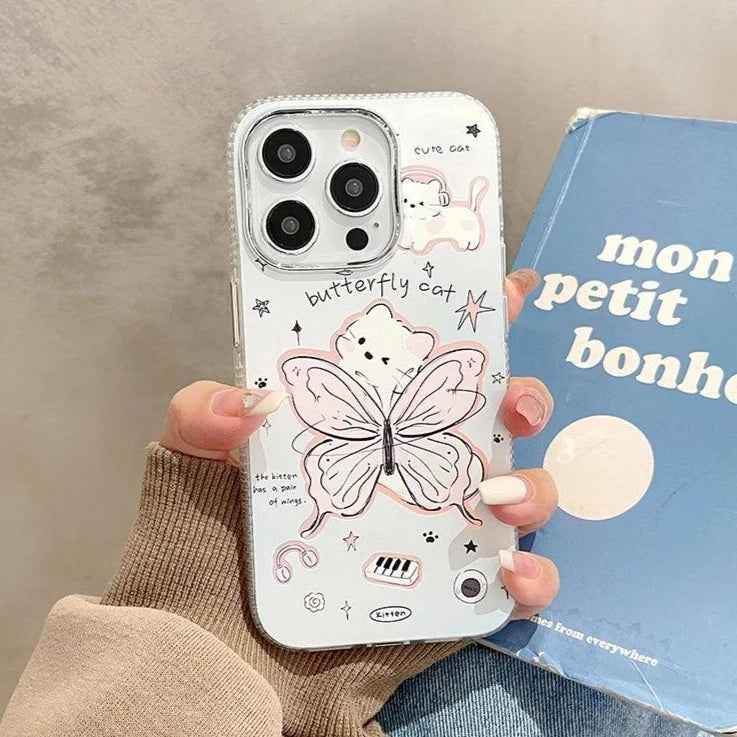 Cute Cartoon Butterfly Cat Phone Case with Chain for iPhone 11, 12, 13, 14, 15 Pro Max, and 15 Plus - Touchy Style .