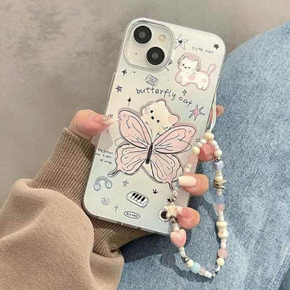Cute Cartoon Butterfly Cat Phone Case with Chain for iPhone 11, 12, 13, 14, 15 Pro Max, and 15 Plus - Touchy Style