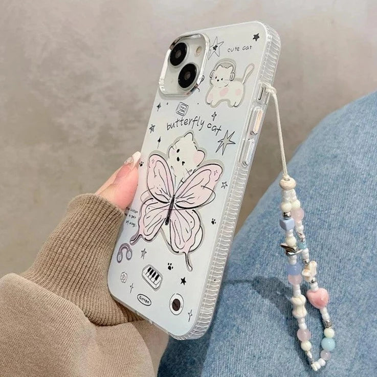 Cute Cartoon Butterfly Cat Phone Case with Chain for iPhone 11, 12, 13, 14, 15 Pro Max, and 15 Plus - Touchy Style .