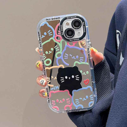 Cute Cat Plating Mirror Painted Lines Phone Case for iPhone 11, 12, 13, 14, 15 Pro, and Pro Max - Touchy Style .