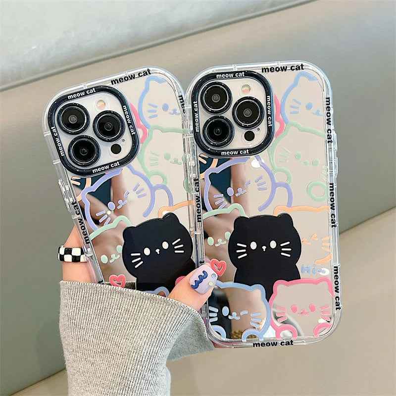 Cute Cat Plating Mirror Painted Lines Phone Case for iPhone 11, 12, 13, 14, 15 Pro, and Pro Max - Touchy Style