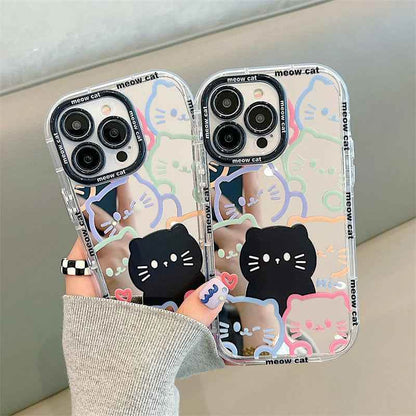 Cute Cat Plating Mirror Painted Lines Phone Case for iPhone 11, 12, 13, 14, 15 Pro, and Pro Max - Touchy Style .