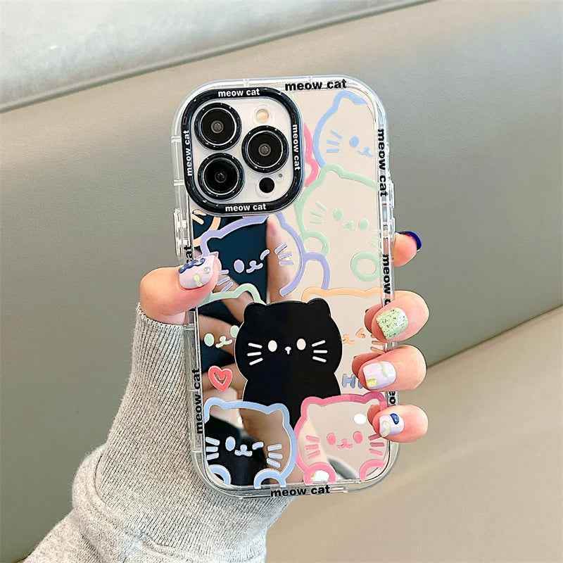 Cute Cat Plating Mirror Painted Lines Phone Case for iPhone 11, 12, 13, 14, 15 Pro, and Pro Max - Touchy Style .