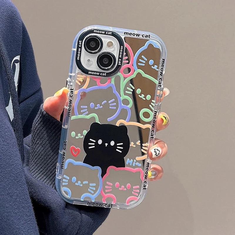 Cute Cat Plating Mirror Painted Lines Phone Case for iPhone 11, 12, 13, 14, 15 Pro, and Pro Max - Touchy Style .
