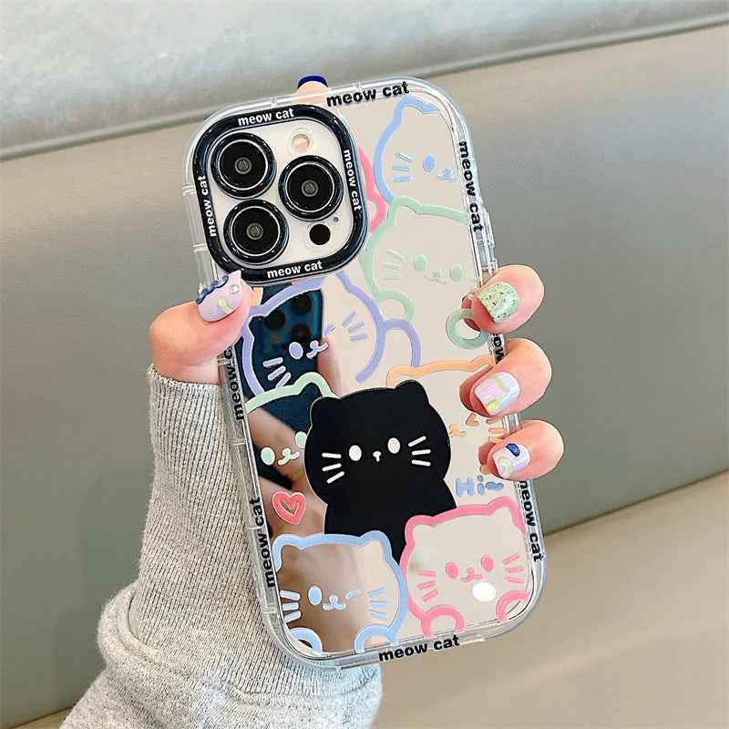 Cute Cat Plating Mirror Painted Lines Phone Case for iPhone 11, 12, 13, 14, 15 Pro, and Pro Max - Touchy Style