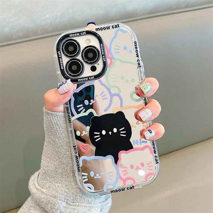 Cute Cat Plating Mirror Painted Lines Phone Case for iPhone 11, 12, 13, 14, 15 Pro, and Pro Max - Touchy Style .