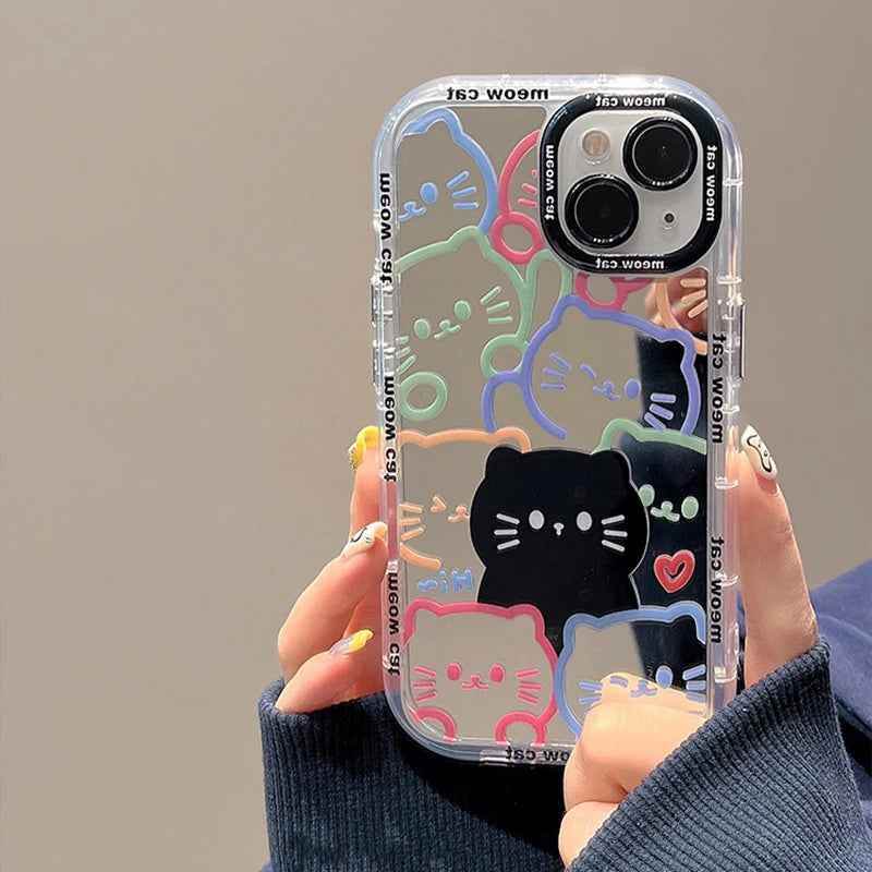 Cute Cat Plating Mirror Painted Lines Phone Case for iPhone 11, 12, 13, 14, 15 Pro, and Pro Max - Touchy Style .