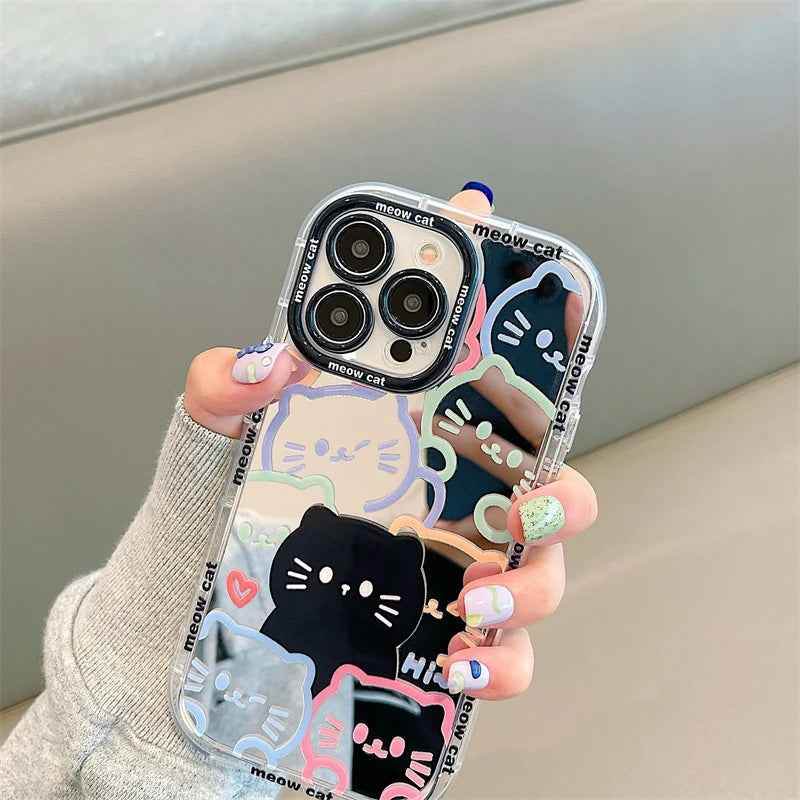 Cute Cat Plating Mirror Painted Lines Phone Case for iPhone 11, 12, 13, 14, 15 Pro, and Pro Max - Touchy Style .