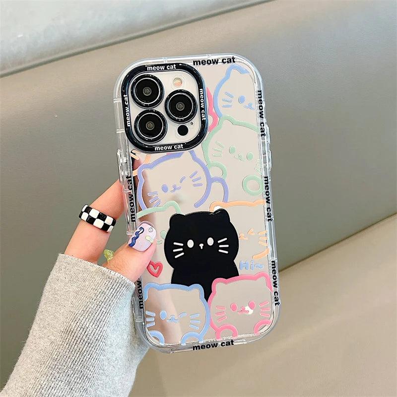 Cute Cat Plating Mirror Painted Lines Phone Case for iPhone 11, 12, 13, 14, 15 Pro, and Pro Max - Touchy Style .