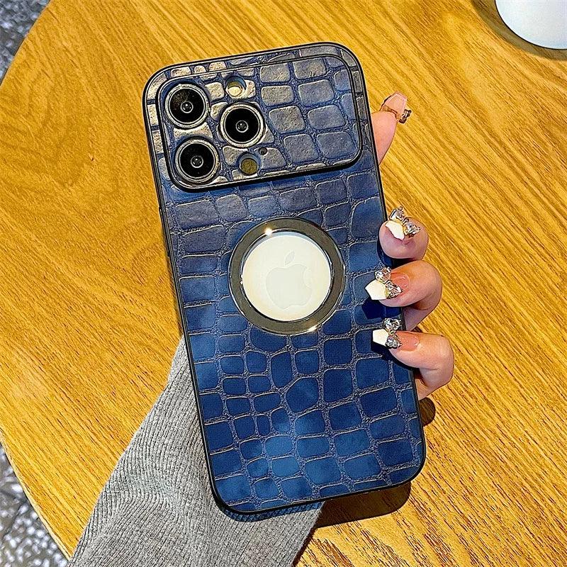 Cute Crocodile Pattern Leather Hard Phone Case with Logo Hole for iPhone 11 12 13 and 14 Pro Max - Touchy Style .