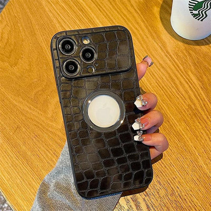 Cute Crocodile Pattern Leather Hard Phone Case with Logo Hole for iPhone 11 12 13 and 14 Pro Max - Touchy Style .
