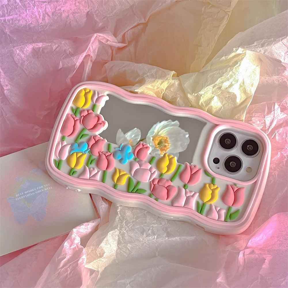 Cute Floral Phone Cases for iPhone 14, 13, 12, 11 Pro, XS Max, XR, X SE2, 6, 7, 8 Plus - Luxurious Soft Silicone Phone Cover with Lanyard and Pearl - Touchy Style