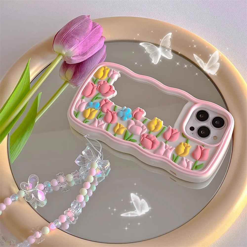 Cute Floral Phone Cases for iPhone 14, 13, 12, 11 Pro, XS Max, XR, X SE2, 6, 7, 8 Plus - Luxurious Soft Silicone Phone Cover with Lanyard and Pearl - Touchy Style