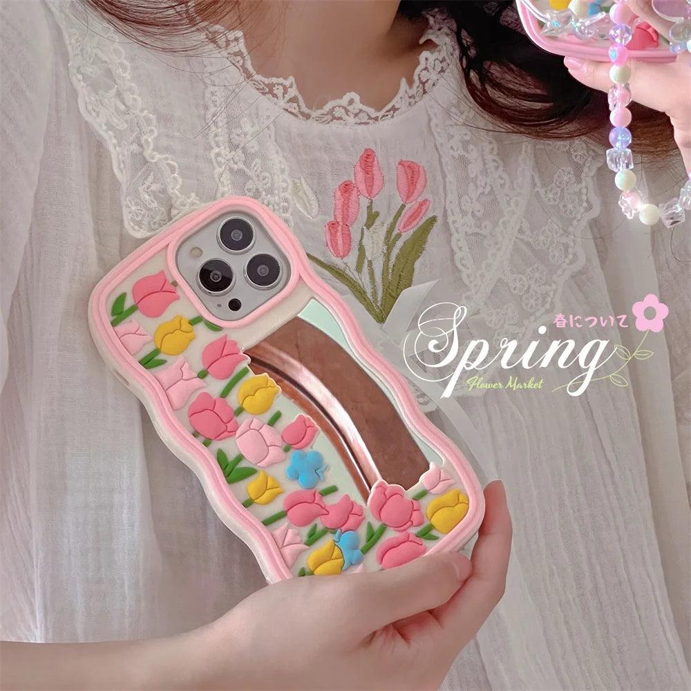 Cute Floral Phone Cases for iPhone 14, 13, 12, 11 Pro, XS Max, XR, X SE2, 6, 7, 8 Plus - Luxurious Soft Silicone Phone Cover with Lanyard and Pearl - Touchy Style