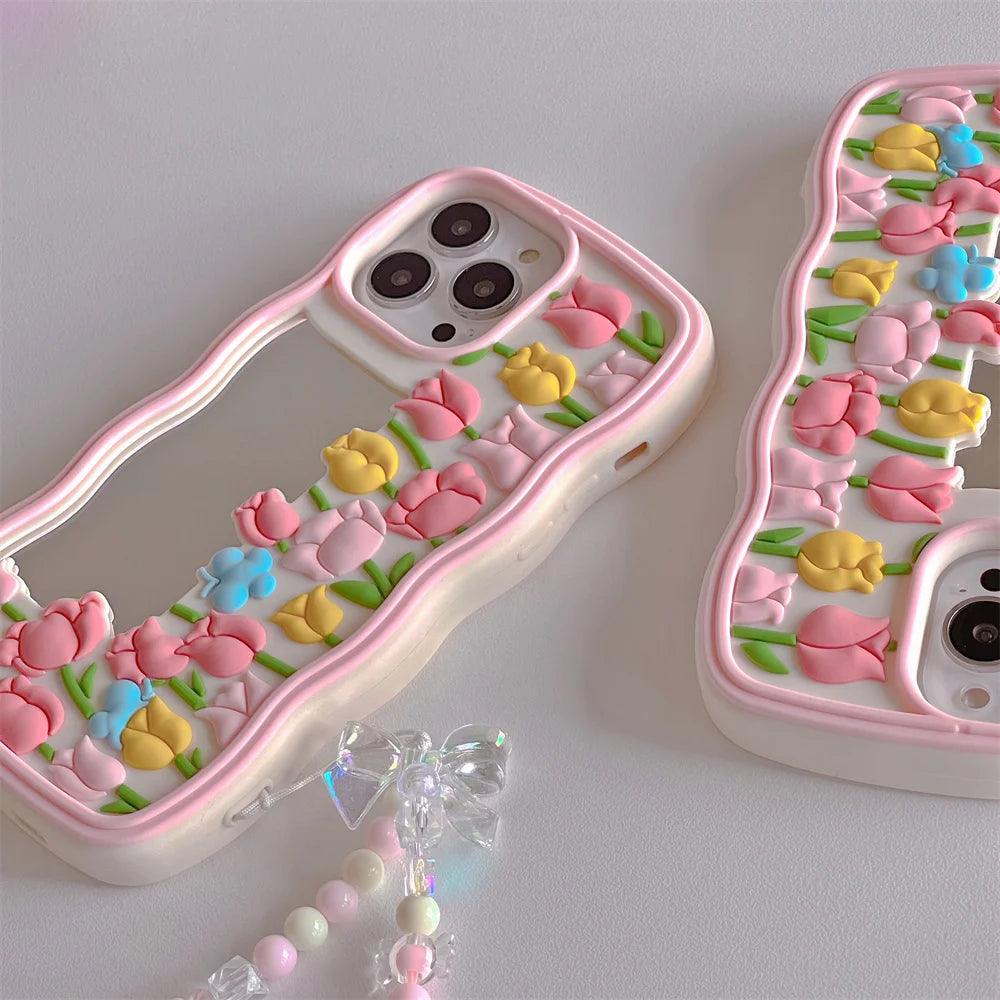 Cute Floral Phone Cases for iPhone 14, 13, 12, 11 Pro, XS Max, XR, X SE2, 6, 7, 8 Plus - Luxurious Soft Silicone Phone Cover with Lanyard and Pearl - Touchy Style