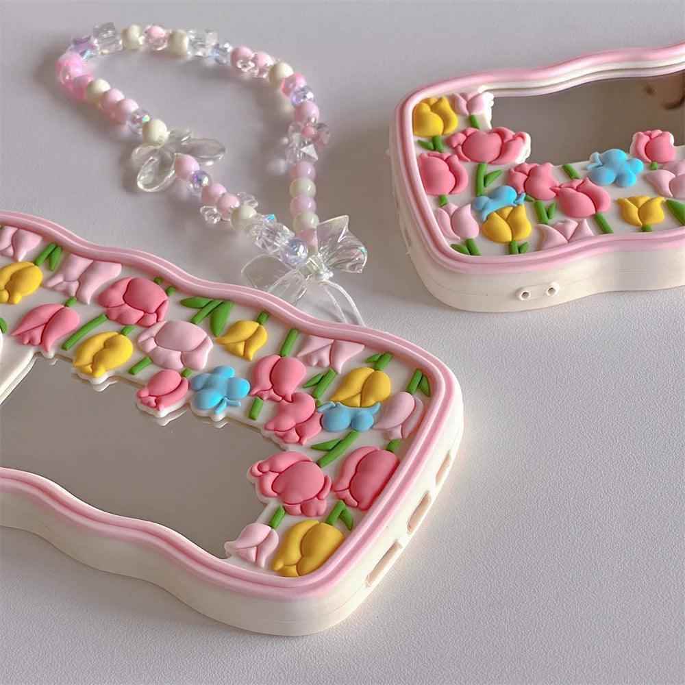 Cute Floral Phone Cases for iPhone 14, 13, 12, 11 Pro, XS Max, XR, X SE2, 6, 7, 8 Plus - Luxurious Soft Silicone Phone Cover with Lanyard and Pearl - Touchy Style