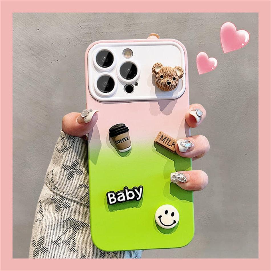 Cute Gradient 3D Coffee Bear Phone Case - For iPhone 14, 13, 12, 11 Pro Max, X, XR, XS Max Cover - Touchy Style .