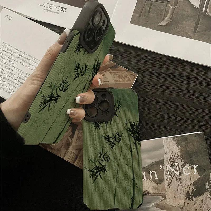 Cute Green Bamboo Phone Case with Soft Leather Cover for iPhone 6, 7, 8, XR, XS Max, 11, 12, 13, 14, Mini, and Pro Series - Touchy Style .