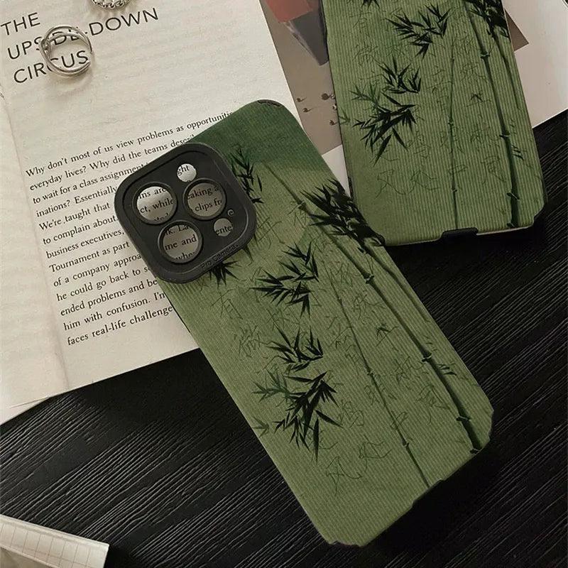 Cute Green Bamboo Phone Case with Soft Leather Cover for iPhone 6, 7, 8, XR, XS Max, 11, 12, 13, 14, Mini, and Pro Series - Touchy Style .