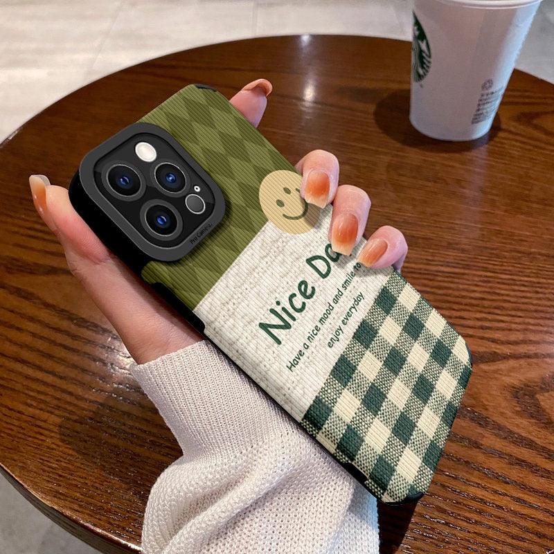 Cute Green Plaid Phone Case for iPhone 14, 13, 12, 11 Pro, X, XS, XR, Max, MiNi, 6, 7, 8 Plus - A Delightful Day Letter Design - Touchy Style .