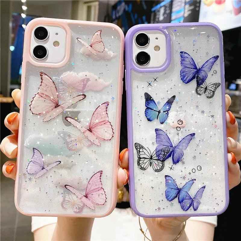 Cute Laser Card Butterfly Phone Case for iPhone 15 14 12 13 11 Pro Max XS Max XR 7 8 Plus Pink Purple Glitter Soft Clear TPU Cover - Touchy Style .