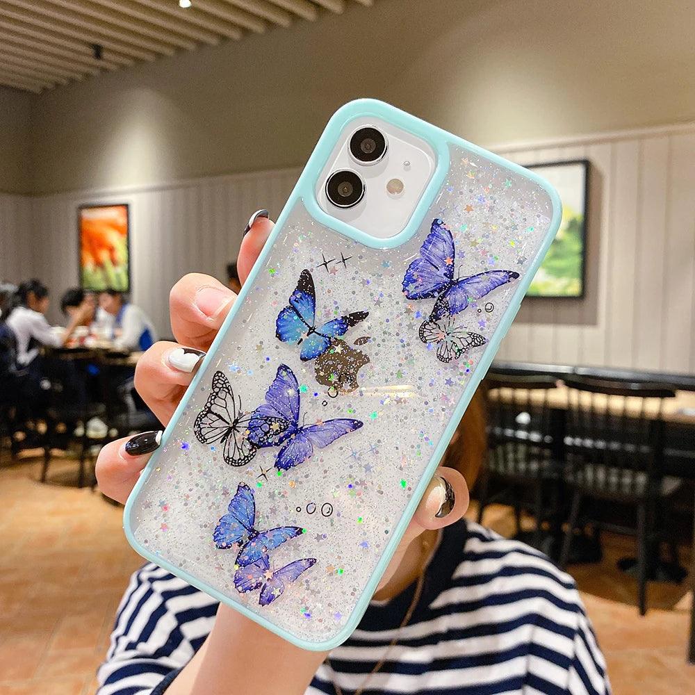 Cute Laser Card Butterfly Phone Case for iPhone 15 14 12 13 11 Pro Max XS Max XR 7 8 Plus Pink Purple Glitter Soft Clear TPU Cover - Touchy Style .