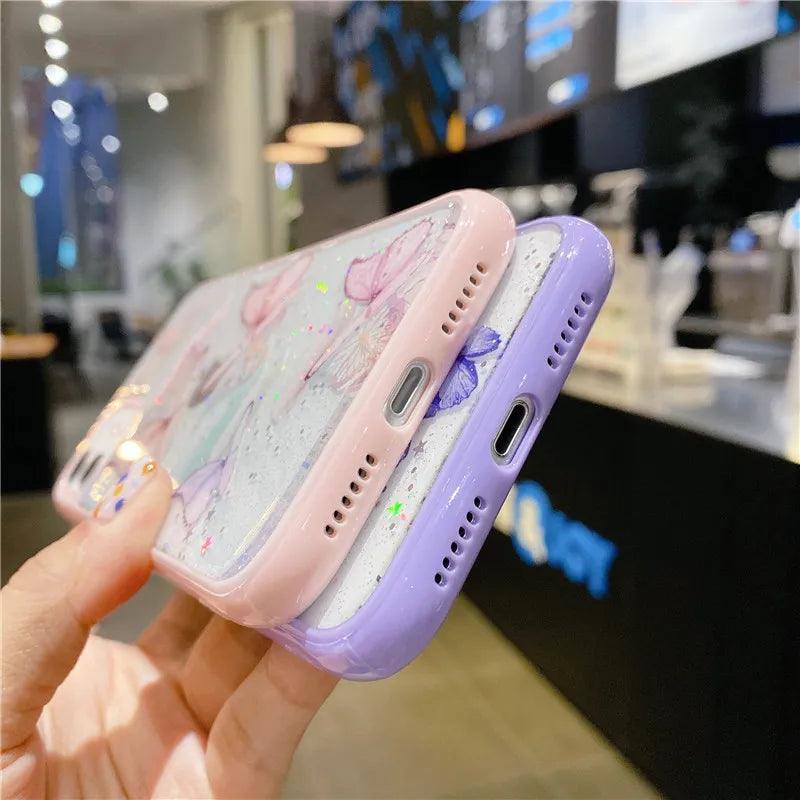 Cute Laser Card Butterfly Phone Case for iPhone 15 14 12 13 11 Pro Max XS Max XR 7 8 Plus Pink Purple Glitter Soft Clear TPU Cover - Touchy Style .