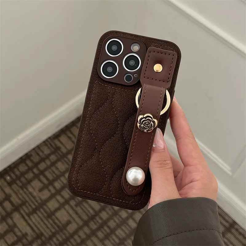 Cute Leather Phone Case with Fashion Wrist Strap for iPhone 11, 12, 13, 14, 15 Pro Max, XS, XR, X, and 15 Plus - Touchy Style