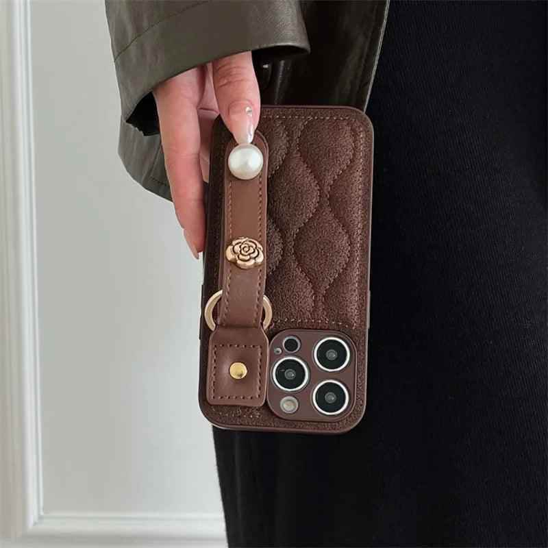 Cute Leather Phone Case with Fashion Wrist Strap for iPhone 11, 12, 13, 14, 15 Pro Max, XS, XR, X, and 15 Plus - Touchy Style