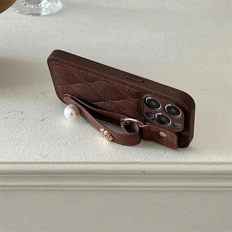 Cute Leather Phone Case with Fashion Wrist Strap for iPhone 11, 12, 13, 14, 15 Pro Max, XS, XR, X, and 15 Plus - Touchy Style .