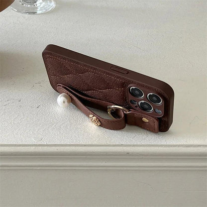 Cute Leather Phone Case with Fashion Wrist Strap for iPhone 11, 12, 13, 14, 15 Pro Max, XS, XR, X, and 15 Plus - Touchy Style