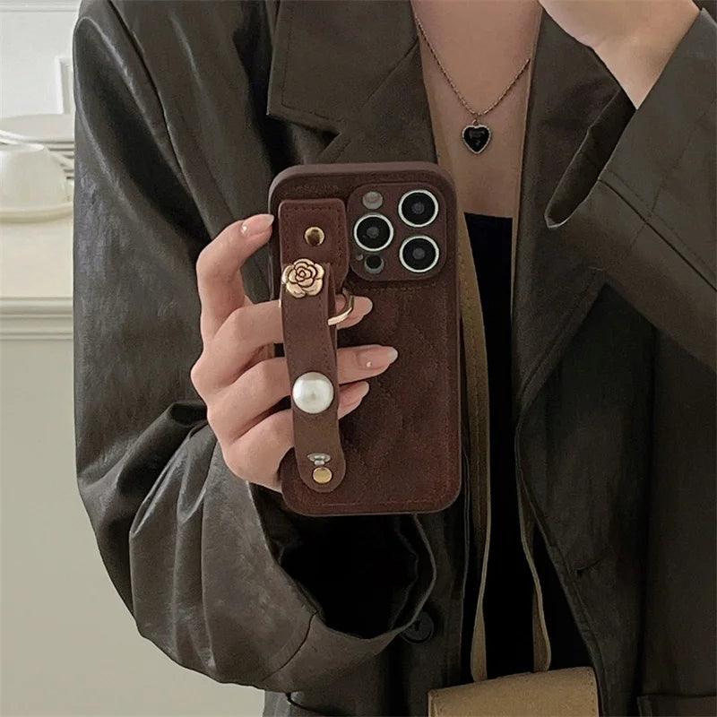 Cute Leather Phone Case with Fashion Wrist Strap for iPhone 11, 12, 13, 14, 15 Pro Max, XS, XR, X, and 15 Plus - Touchy Style