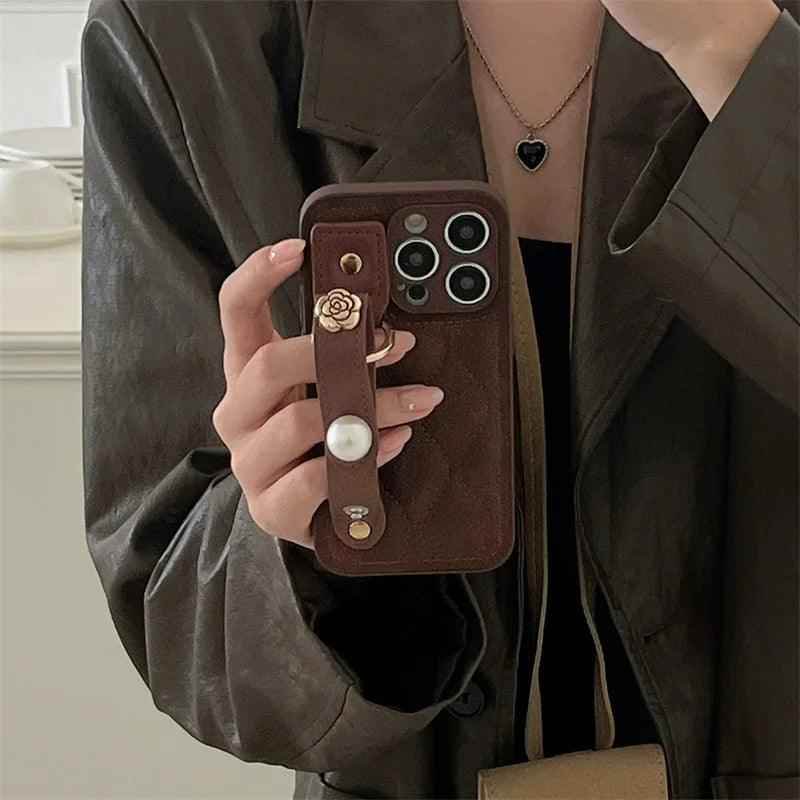 Cute Leather Phone Case with Fashion Wrist Strap for iPhone 11, 12, 13, 14, 15 Pro Max, XS, XR, X, and 15 Plus - Touchy Style .