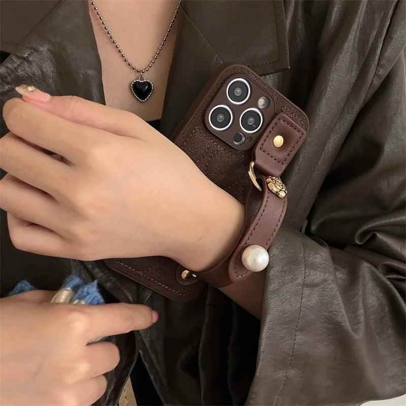 Cute Leather Phone Case with Fashion Wrist Strap for iPhone 11, 12, 13, 14, 15 Pro Max, XS, XR, X, and 15 Plus - Touchy Style