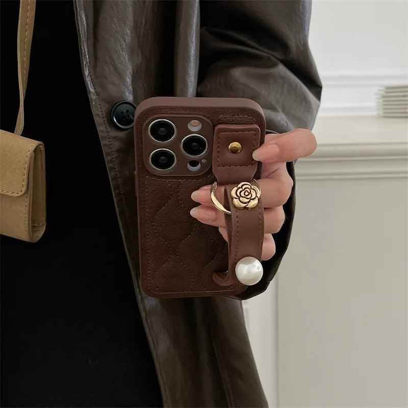 Cute Leather Phone Case with Fashion Wrist Strap for iPhone 11, 12, 13, 14, 15 Pro Max, XS, XR, X, and 15 Plus - Touchy Style