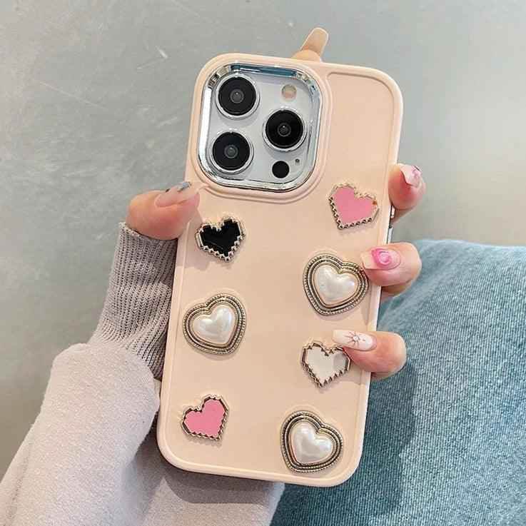 Cute Phone Case BCPC For iPhone 15, 14, 13, 12, or 11 Pro Max - 3D Pearl &amp; Heart - Touchy Style