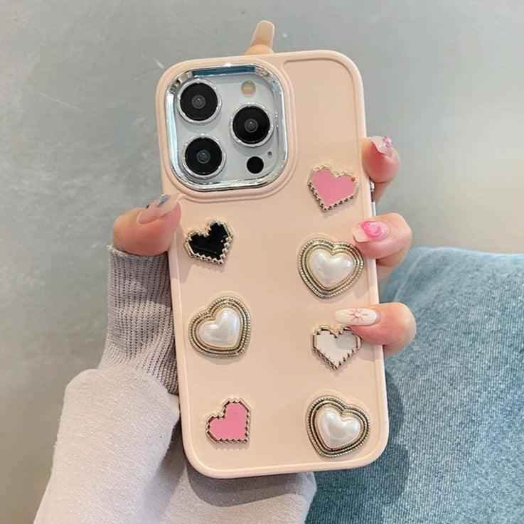 Cute Phone Case BCPC For iPhone 15, 14, 13, 12, or 11 Pro Max - 3D Pearl &amp; Heart - Touchy Style