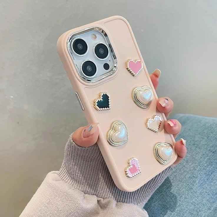 Cute Phone Case BCPC For iPhone 15, 14, 13, 12, or 11 Pro Max - 3D Pearl &amp; Heart - Touchy Style