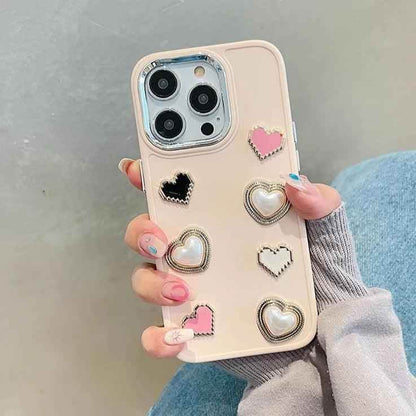 Cute Phone Case BCPC For iPhone 15, 14, 13, 12, or 11 Pro Max - 3D Pearl &amp; Heart - Touchy Style