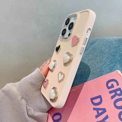 Cute Phone Case BCPC For iPhone 15, 14, 13, 12, or 11 Pro Max - 3D Pearl &amp; Heart - Touchy Style