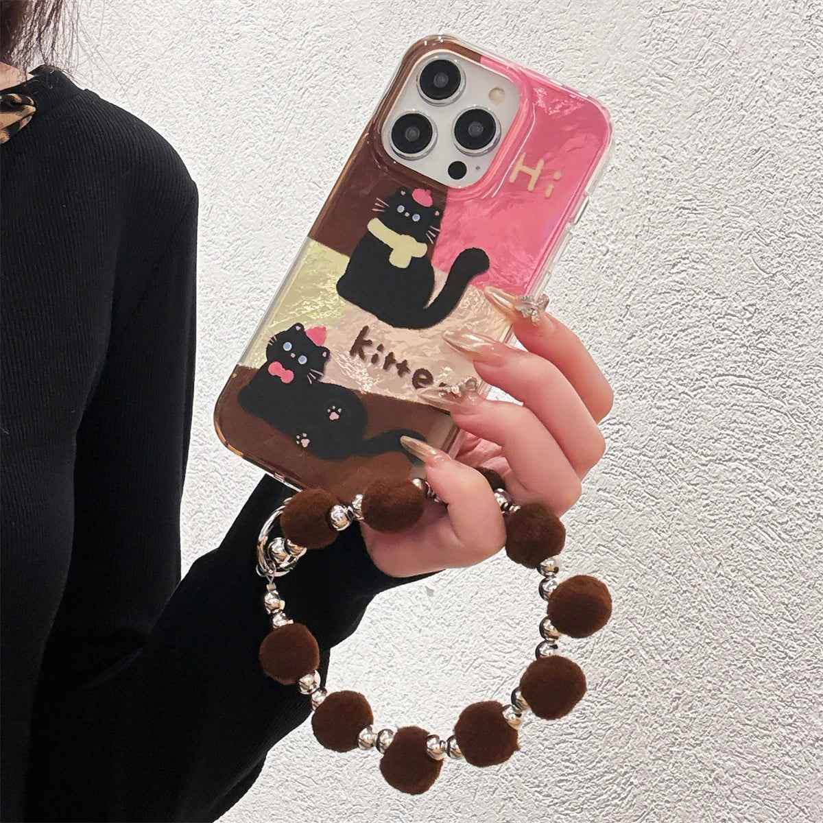 Cute Phone Case for iPhone 13, 14, 15, and 16 Pro Max - Cat Splicing Lattice Design with Hairball Wristband - TSP443 - Touchy Style