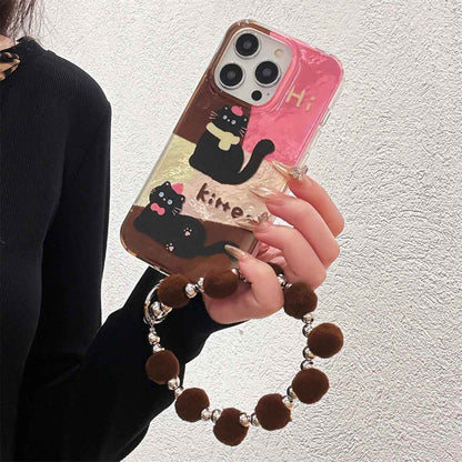 Cute Phone Case for iPhone 13, 14, 15, and 16 Pro Max - Cat Splicing Lattice Design with Hairball Wristband - TSP443 - Touchy Style